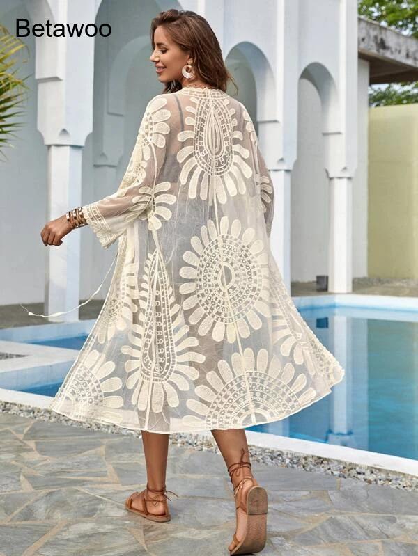 Women White Boho Floral Hollow – Kimono Sheer Floral Bewertung und Preis