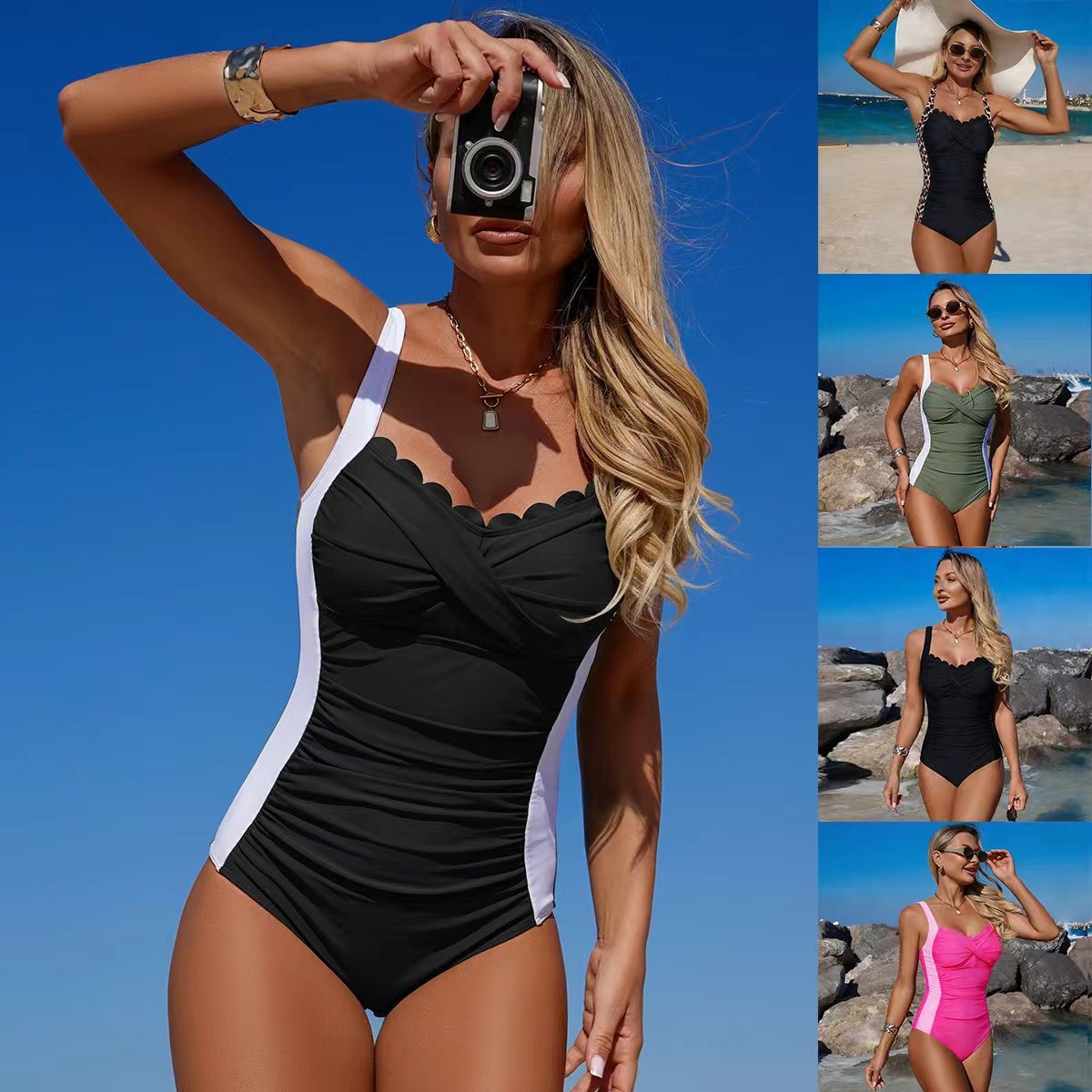 Black Swimsuit Scalloped Neckl – Swimsuit Bikini Ruched Bewertung und Preis