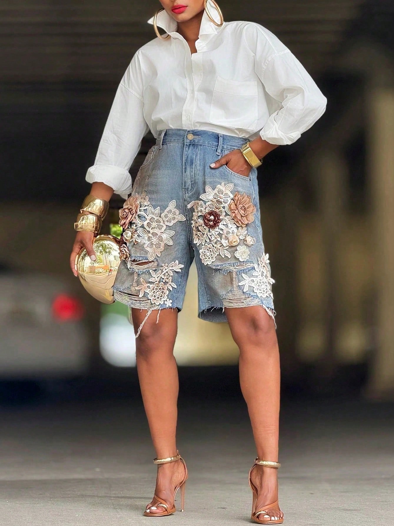 GLOURI Women 3D Floral Appliqu – Shorts Denim Frayed Bewertung und Preis