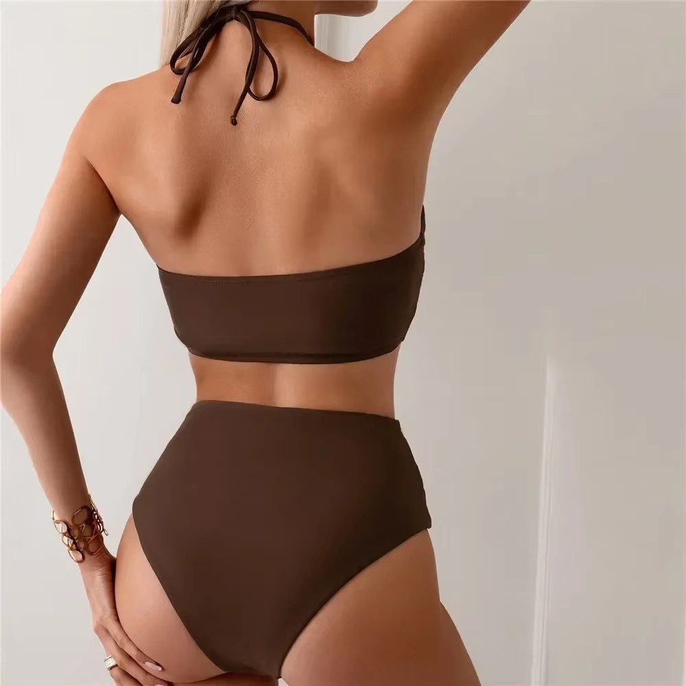 Dark Brown Solid Swimwears Hal – Swimsuit Bikini Ruched Bewertung und Preis