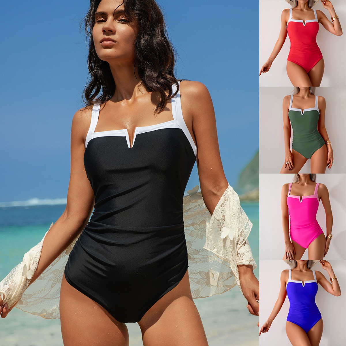 Black Swimsuit V Neck Red Biki – Swimsuit Bikini Ruched Bewertung und Preis