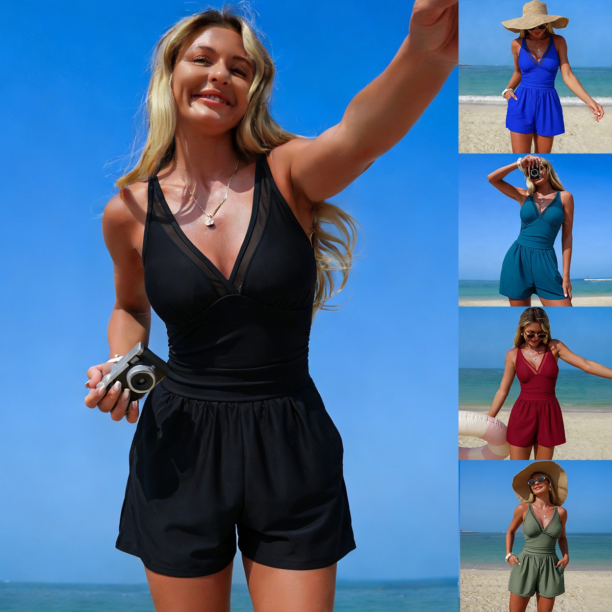 Black Solid Color Sleeveless V – Swimsuit Bikini Ruched Bewertung und Preis