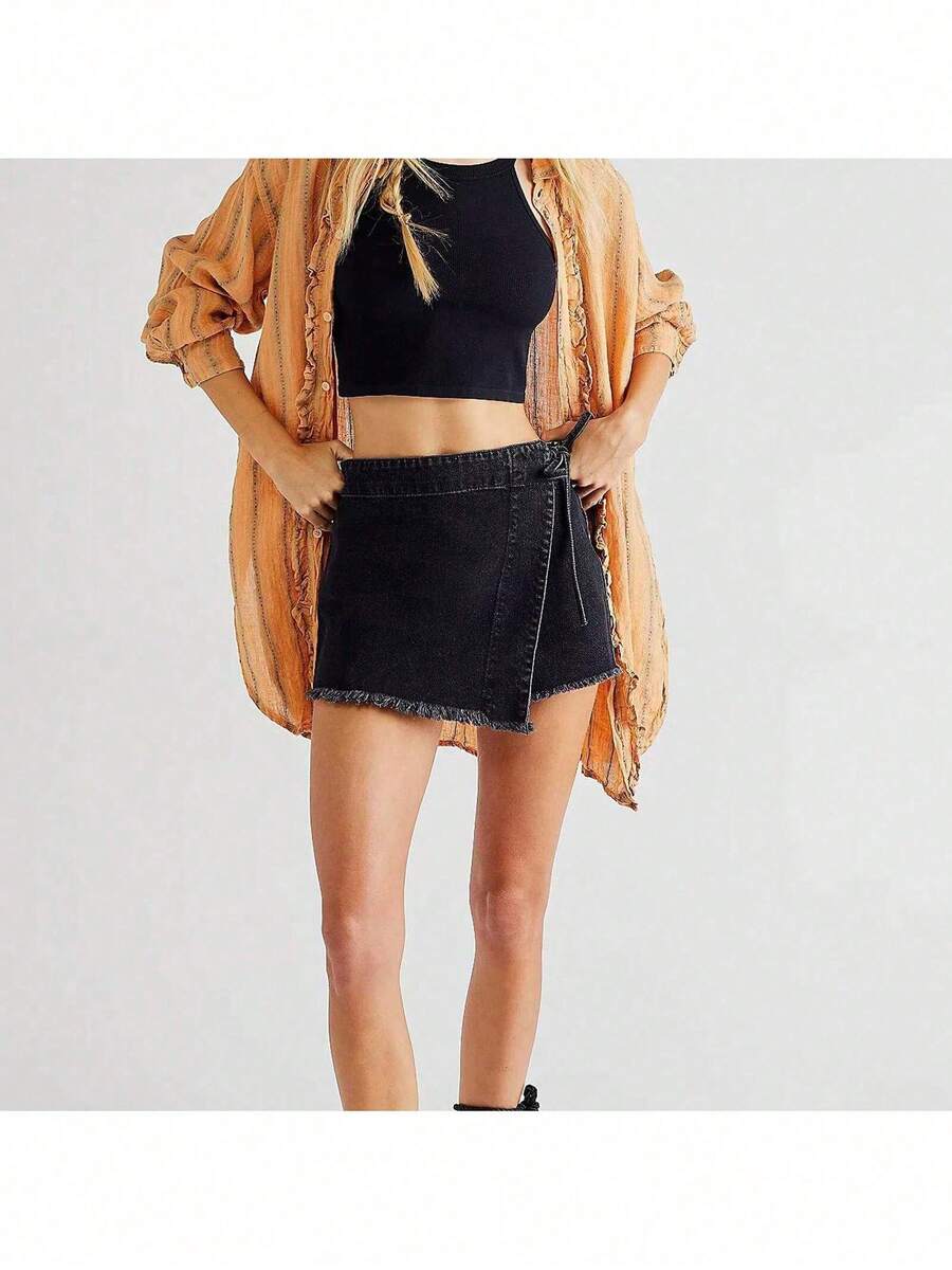 Women Denim Wrap Skort High Wa – Shorts Denim Frayed Bewertung und Preis