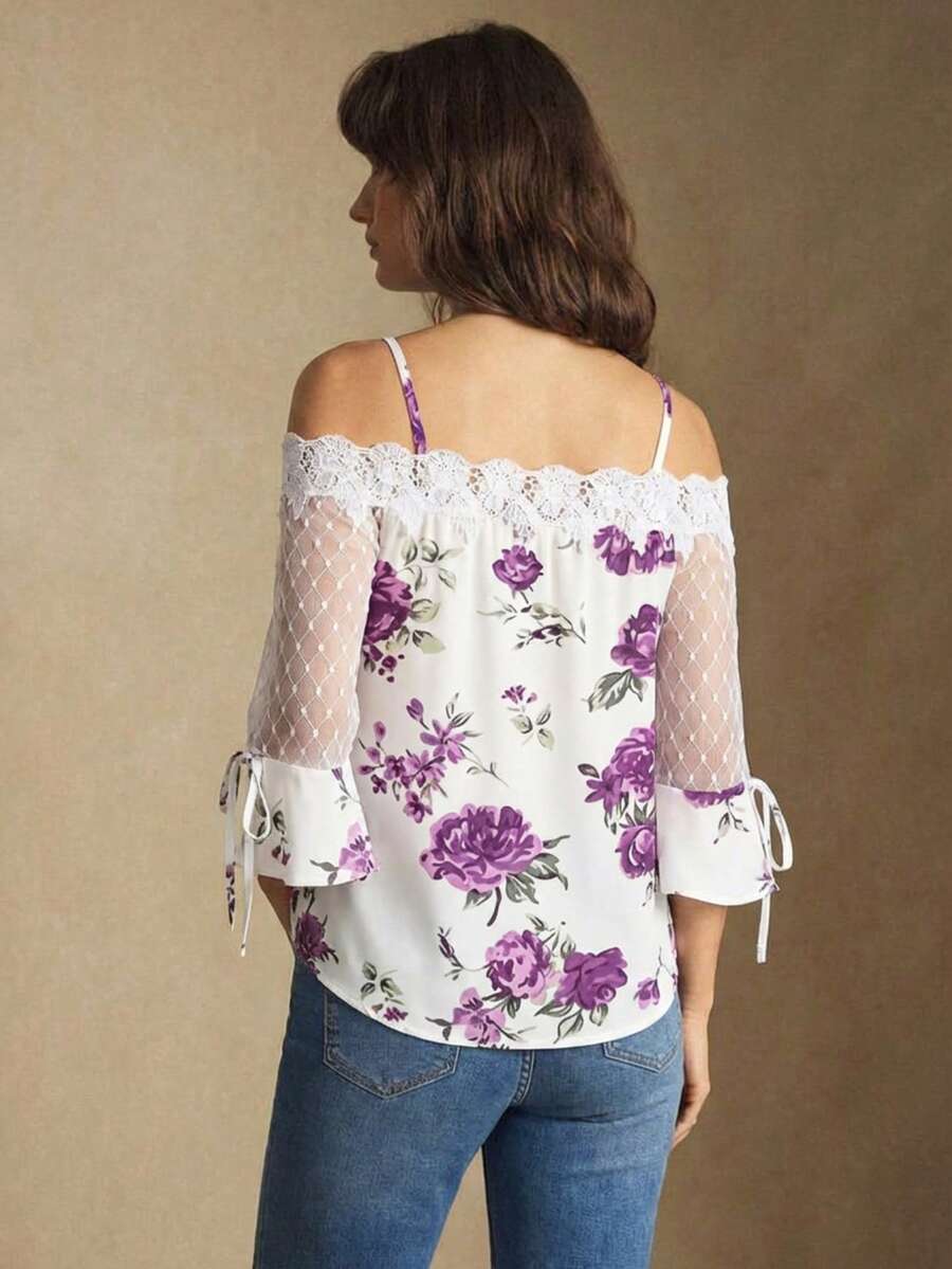 Purple Floral Print Off Should – Blouse Off Shoulder Bewertung und Preis