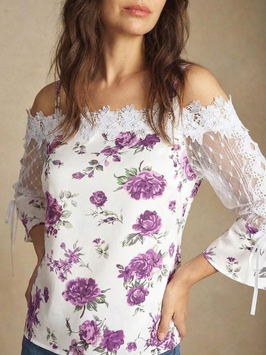 Purple Floral Print Off Should – Blouse Off Shoulder Bewertung und Preis