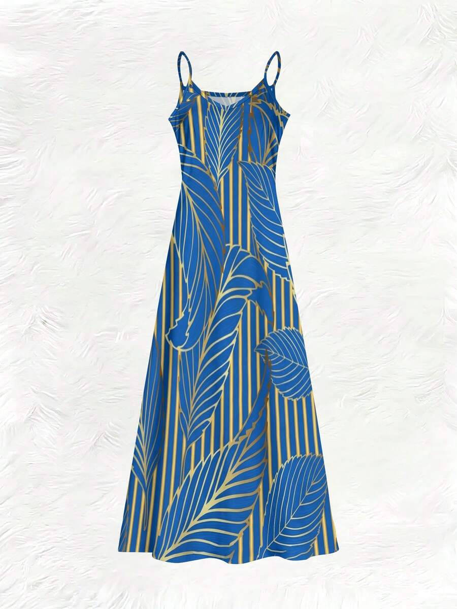 Blue Tropical Leaf Print V-Nec – Maxi Dress Halter Bewertung und Preis