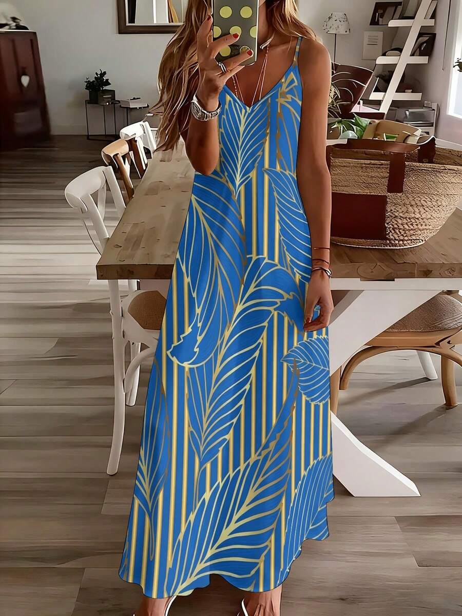 Blue Tropical Leaf Print V-Nec – Maxi Dress Halter Bewertung und Preis
